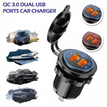Автомобильное зарядное устройство с двумя USB-портами QC3.0, 2-портовым ЖК-дисплеем, вольтметром, гнездом прикуривателя 12–24 В, адаптером для быстрой зарядки автомобиля синий