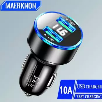 Автомобильное зарядное устройство с двумя USB-портами, сверхбыстрая зарядка, цифровой дисплей, мобильный телефон, адаптер для iPhone, Xiaomi, быстрая зарядка в автомобиле Black