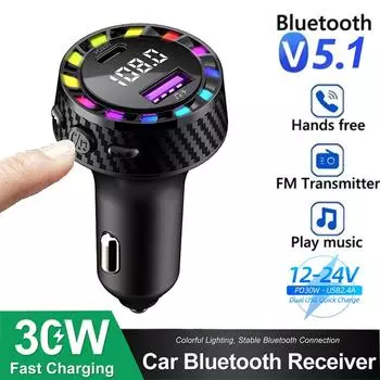 Автомобильное зарядное устройство с FM-передатчиком Bluetooth 5.3, двумя портами USB и Type-C, быстрой зарядкой, MP3-плеером, функцией громкой связи, совместимостью с напряжением 12–24 В Black