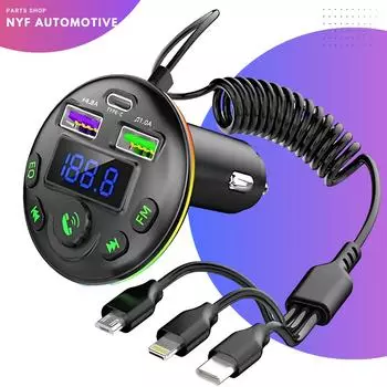 Автомобильное зарядное устройство с FM-передатчиком Bluetooth 5.0 3-в-1 и USB-C для iPhone, Huawei, Xiaomi - 12 В/24 В Q21