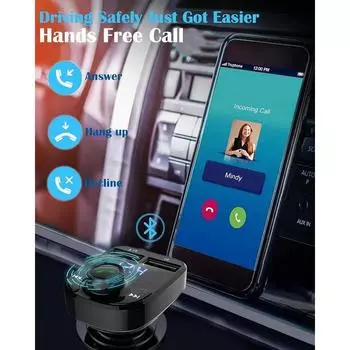 Автомобильное зарядное устройство с функцией громкой связи Автомобильное зарядное устройство Беспроводной Bluetooth FM-передатчик Радиоприемник Двойное зарядное устройство с USB-портом Совместимо с iPhone чёрный