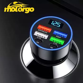 Автомобильное зарядное устройство с интеллектуальным цифровым дисплеем 65 Вт PD, быстрая зарядка со светодиодным монитором напряжения, 4-портовый USB-адаптер для телефона, планшета, GPS 6 port
