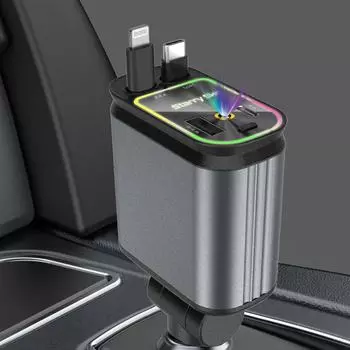 Автомобильное зарядное устройство с проекцией на потолок Starry Sky и двойными выдвижными линиями: Многофункциональный мобильный аксессуар 4 в 1 Apple+type-C