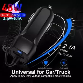 Автомобильное зарядное устройство с пружинным кабелем USB с кабелем IOS USB Type C, быстрая зарядка для Samsung iPhone Xiaomi, быстрая зарядка QC3.0, автомобильное зарядное устройство Black TC