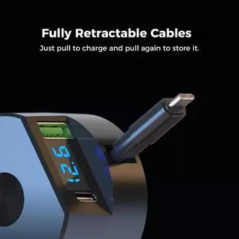 Автомобильное зарядное устройство с выдвижным кабелем «три в одном» с функцией сверхбыстрой зарядки PD мощностью 30 Вт, многофункциональный удлиняемый шнур для автомобилей чёрный