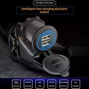 Автомобильное зарядное устройство с защитой от перегрузки по току, водонепроницаемое, безопасное в использовании, универсальное, подходит для автобусов, грузовиков, двойное зарядное гнездо USB синий