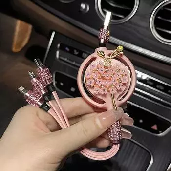 Автомобильное зарядное устройство со стразами 3 в 1, кабель передачи данных, очаровательный, милый, балетная девочка, бант, медведь, автоматическая быстрая зарядка, блестящие аксессуары для салона автомобиля