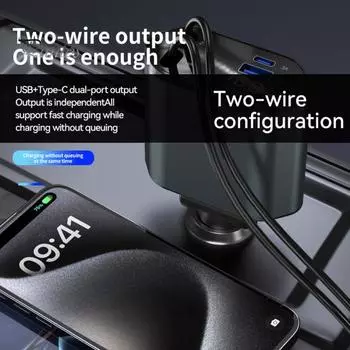Автомобильное зарядное устройство со сверхбыстрой зарядкой 4-в-1 с выдвижными кабелями. Световой индикатор. Дизайн. Отображение напряжения. 2 порта USB. Адаптер автомобильного зарядного устройства. серебряный
