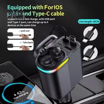 Автомобильное зарядное устройство со свободной регулировкой, совместимые с Bluetooth 5.0 наушники, PD3.0, быстрая зарядка, 4 порта USB Type-C чёрный