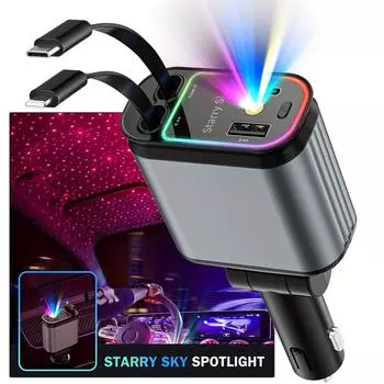 Автомобильное зарядное устройство Starry Sky LED 2024 с выдвижными кабелями — быстрая зарядка для iPhone и Type-C (48W) разноцветный