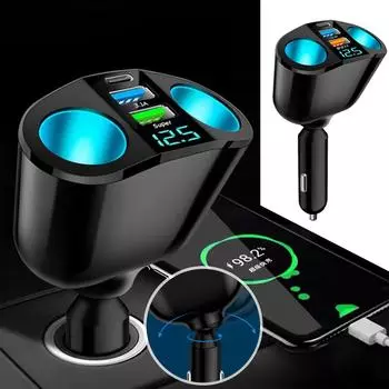 Автомобильное зарядное устройство Super Fast Charge QC3.0, 66 Вт, одно перетаскивание, два, зажигалка с цифровым дисплеем, многофункциональное автомобильное зарядное устройство USB One Size