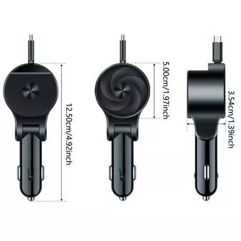 Автомобильное зарядное устройство Сверхбыстрое выдвижное автомобильное зарядное устройство для телефона USB QC3.0 Type C PD Быстрая зарядка Выдвижные кабели Определение напряжения чёрный
