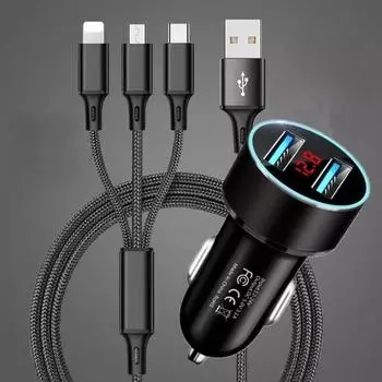 Автомобильное зарядное устройство Type-c для Android, быстрая быстрая зарядка с кабелем для iPhone, автомобильное зарядное устройство USB для телефона для всех телефонов чёрный