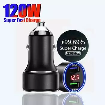 Автомобильное зарядное устройство USB 120 Вт, 2 порта, адаптер для быстрой зарядки с ЖК-дисплеем для iPhone 11 12 13 Pro Max, Xiaomi, Samsung, аксессуары для телефонов чёрный
