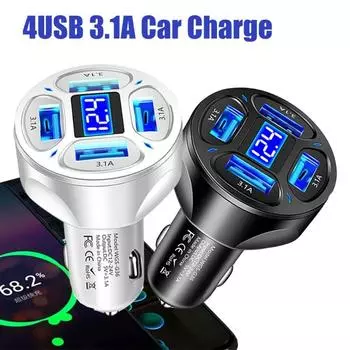 Автомобильное зарядное устройство USB 4 в 1 3.1A 12-24V с цифровым дисплеем, автомобильное зарядное устройство для мобильного телефона, автомобильное зарядное устройство для iPhone 14 13 Xiaomi Samsung чёрный
