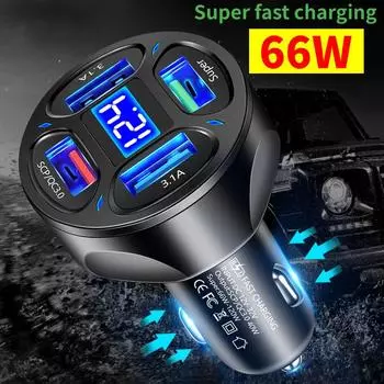 Автомобильное зарядное устройство USB 66 Вт, 4 порта, быстрая зарядка, быстрая зарядка, USB 3,0, автомобильное зарядное устройство для телефона, адаптер для Iphone 15, 14, Xiaomi, Samsung чёрный