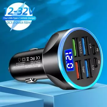 Автомобильное зарядное устройство USB 66 Вт, светодиодное, 6 портов, быстрая зарядка PD QC3.0, дисплей напряжения, автомобильное зарядное устройство для телефона, адаптер типа C для iPhone, Samsung, Xiaomi белый