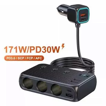 Автомобильное зарядное устройство USB 9 в 1, 171 Вт, быстрая зарядка, зарядное устройство для телефона, адаптер прикуривателя с PD 30 Вт/QC 3,0, 6 портов USB для зарядки