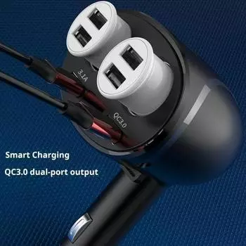 Автомобильное зарядное устройство USB Адаптер питания с цифровым дисплеем Быстрая зарядка Несколько портов Интеллектуальный чип Разветвитель воспламенителя для безопасной зарядки Контроль температуры чёрный
