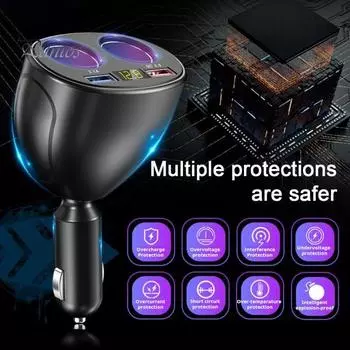 Автомобильное зарядное устройство USB-адаптер Подача питания Быстрая зарядка Вращение на 360 градусов Разветвитель воспламенителя при перегреве Адаптер питания для телефона чёрный