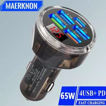 Автомобильное зарядное устройство USB C, адаптер прикуривателя PD, 5 портов, общая мощность 65 Вт, быстрая зарядка для iPhone 15, Xiaomi, Samsung, телефонов в автомобиле Black