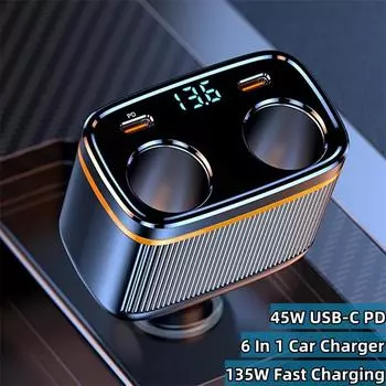 Автомобильное зарядное устройство USB C мощностью 145 Вт, адаптер прикуривателя, автомобильное зарядное устройство PD мощностью 45 Вт с функцией быстрой зарядки и светодиодным вольтметром для телефона, iPad, GPS, видеорегистратора и многого другого 145W