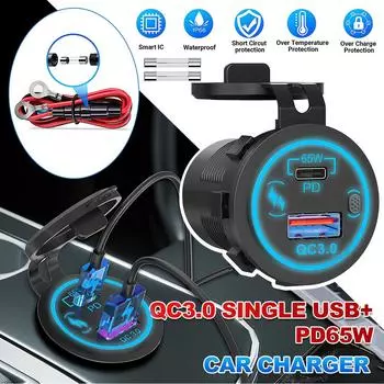 Автомобильное зарядное устройство USB-C мощностью 83 Вт с поддержкой PD и быстрой зарядки QC3.0 для транспортных средств с напряжением 12–24 В Blue