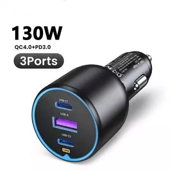 Автомобильное зарядное устройство USB C мощностью 130 Вт для Xiaomi iPhone 15 Samsung Galaxy S24, ноутбуков Tabet PD3.0 с быстрой зарядкой, автомобильное зарядное устройство USB Type C 1 PCS