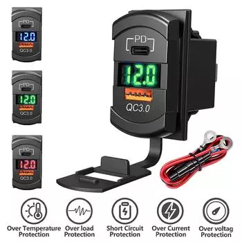 Автомобильное зарядное устройство USB C PD QC3.0 с двумя USB-разъемами для автомобильного зарядного устройства 12 В 24 В, адаптер питания для зарядки телефона, мотоцикла, лодки, морского грузовика, квадроцикла