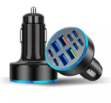 Автомобильное зарядное устройство USB C с 6 портами USB Type C и 4 портами для iPhone, Android, Samsung, iPad Pro, PD, QC3.0, многопортовая быстрая зарядка чёрный