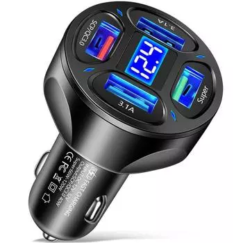 Автомобильное зарядное устройство USB мощностью 66 Вт с 4 портами и светодиодным дисплеем — сверхбыстрая зарядка для iPhone, Samsung, Huawei 2USB, With Display чёрный