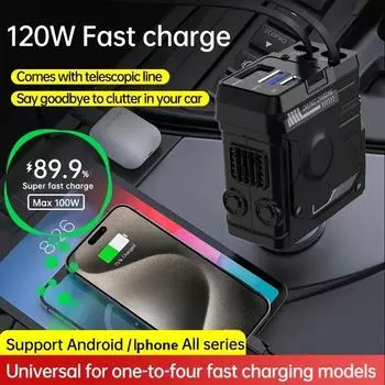 Автомобильное зарядное устройство USB мощностью 48 Вт с 4 портами и вращающейся на 180° головкой — универсальная быстрая зарядка для iPhone/Samsung/Xiaomi 1-Pack чёрный