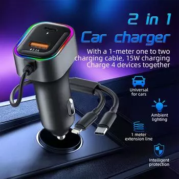 Автомобильное зарядное устройство USB мощностью 45 Вт с кабелем быстрой зарядки Lightning Type-C 2 в 1, автомобильный адаптер для iPhone, Samsung, Huawei, VIVO, OPPO