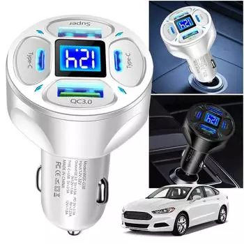 Автомобильное зарядное устройство USB на 4 порта 66 Вт Type C PD QC3.0 Разветвитель прикуривателя Цифровой дисплей напряжения для iPhone Xiaomi Samsung белый