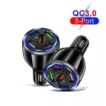 Автомобильное зарядное устройство USB на 5 портов Quick Charge 3.0, адаптер для быстрой зарядки iPhone, Samsung, Huawei, Xiaomi, зарядное устройство со светодиодным цифровым дисплеем чёрный