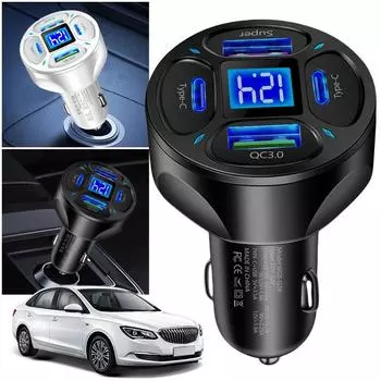 Автомобильное зарядное устройство USB с 4 портами, быстрая зарядка, тип C PD QC3.0, автомобильное зарядное устройство для телефона, многоразовое использование белый