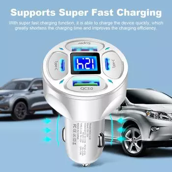 Автомобильное зарядное устройство USB с 4 портами, цифровым дисплеем напряжения, тип C PD QC3.0, адаптер для быстрой зарядки прикуривателя для Samsung Huawei Xiaomi белый