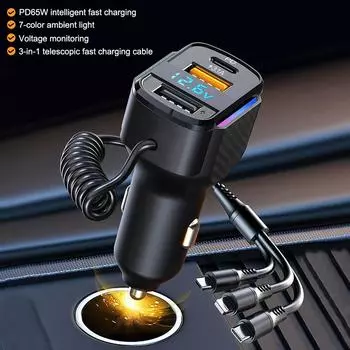 Автомобильное зарядное устройство USB с быстрой зарядкой, выдвижной автомобильный прикуриватель, цифровой дисплей, автомобильное зарядное устройство USB с быстрой зарядкой, USB-адаптер QC3.0 Type C 3 в 1 Black