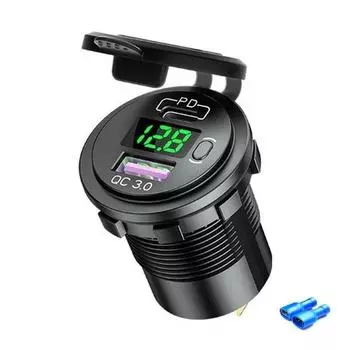 Автомобильное зарядное устройство USB типа C, 60 Вт, двойная розетка USB 12 В/24 В, автомобильная розетка Pd3.0 и qc3.0 со светодиодным вольтметром и переключателем включения/выключения Fast C no wire зелёный