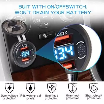 Автомобильное зарядное устройство USB Type C, 12 В/24 В, двойной USB-выход PD3.0 и QC3.0, автомобильная розетка со светодиодным вольтметром и кнопкой включения/выключения