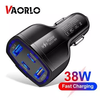 Автомобильное зарядное устройство VAORLO 4 в 1, двойной порт PD + двойной USB QC3.0, автомобильный комплект для быстрой зарядки, четыре порта, быстрое зарядное устройство чёрный