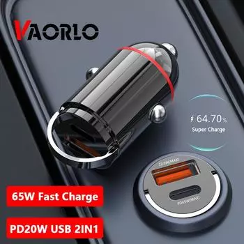 Автомобильное зарядное устройство VAORLO 65 Вт PD 20 Вт с двумя портами USB, быстрая зарядка 5А, супер зарядка для iphone Xiaomi Huawei QC3.0, мини-автомобильное зарядное устройство чёрный