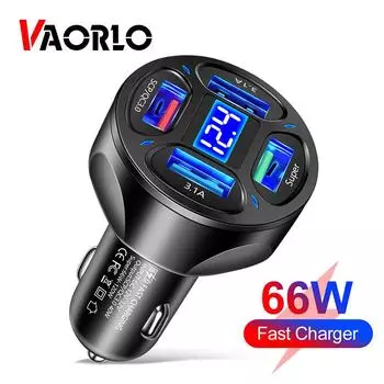 Автомобильное зарядное устройство VAORLO 66 Вт, 4 USB-порта, дисплей напряжения, быстрая зарядка QC3.0, быстрая зарядка для автомобиля чёрный