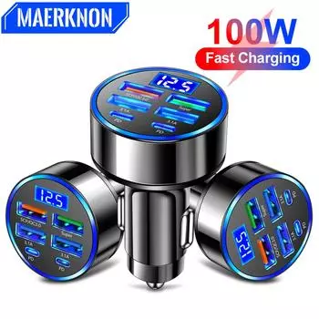 Автомобильное зарядное устройство, всего 100 Вт, супербыстрая зарядка, 6 в 1, многопортовое напряжение, автомобильное зарядное устройство с цифровым дисплеем для мобильного телефона Black