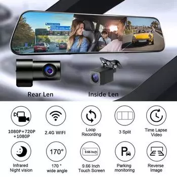 Автомобильное зеркало черного цвета Carbin Camera Mirrir Dash Cam 3-канальный зеркальный видеорегистратор 1080P HD с сенсорным экраном Зеркало Видеорегистратор None