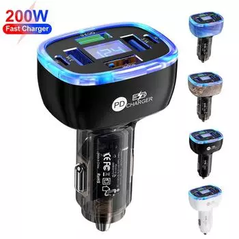Автомобильные аксессуары Автомобильное зарядное устройство 6-в-1, быстрая зарядка 66 Вт/100 Вт, многопортовый автомобильный USB-адаптер со светодиодным дисплеем, для iPhone, Samsung, Xiaomi Blue+Transparent