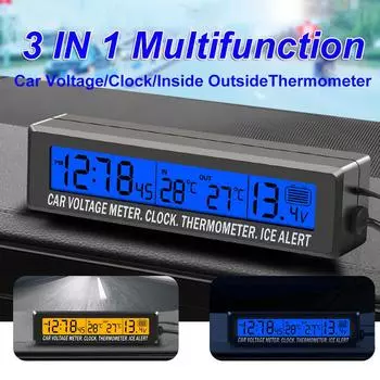 Автомобильные цифровые часы, термометр температуры внутри и снаружи автомобиля, монитор напряжения батареи, светодиодная подсветка с гнездом для прикуривателя