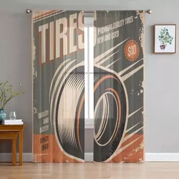 Автомобильные шины, ретро дизайн плаката, креативная концепция, прозрачные тюлевые шторы для гостиной, кухни, украшения, вуаль, шторы из органзы 135W x 114H(cm)
