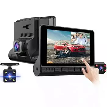 Автомобильные видеорегистраторы E-ACE FHD 1080P, 4,0-дюймовый IPS-экран, 3 камеры, объектив ночного видения, автоматический видеорегистратор с камерой заднего вида No Card серый