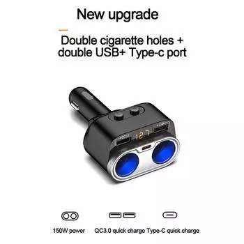 Автомобильные зарядные устройства 150 Вт PD+QC3.0 Адаптер для быстрой зарядки 2-разъемный разветвитель питания 12–24 В со светодиодным индикатором напряжения чёрный